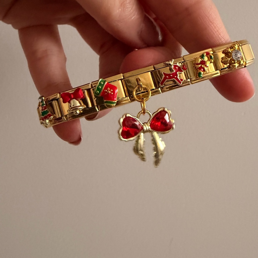 Christmas Italian Charm Bracelet with Red Dangle Bow